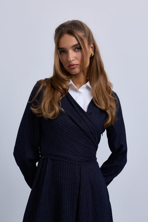 Noir Pinstripe Wrap Dress