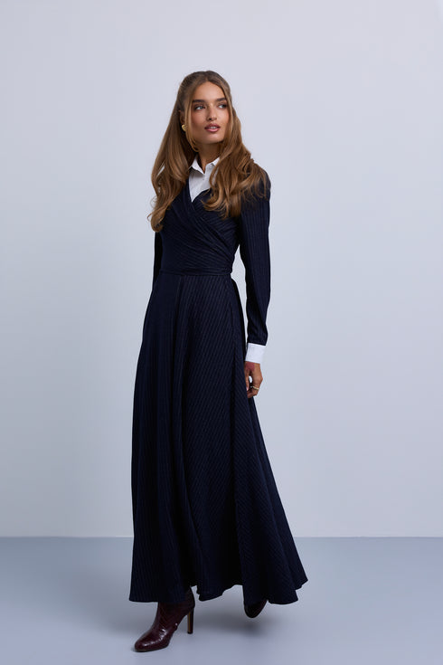 Noir Pinstripe Wrap Dress