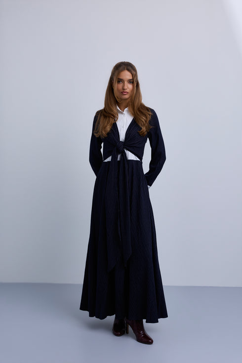 Noir Pinstripe Wrap Dress