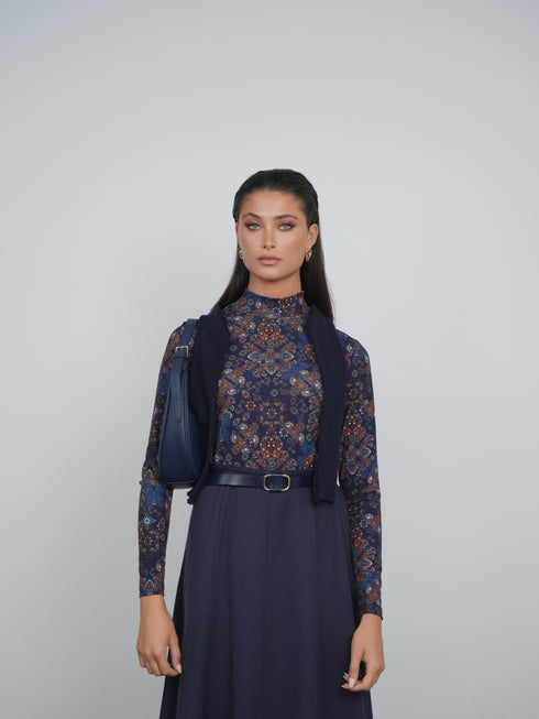 Point Printed Mock Neck Top in Medallion Print