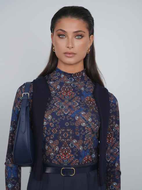 Point Printed Mock Neck Top in Medallion Print
