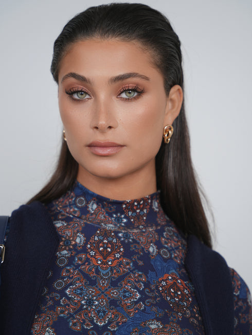 Point Printed Mock Neck Top in Medallion Print