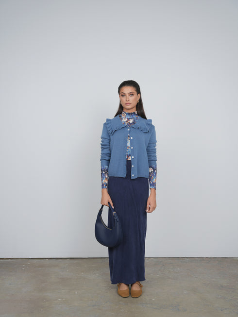 Point Fine Knit Ruffle Cardi in Retro Blue