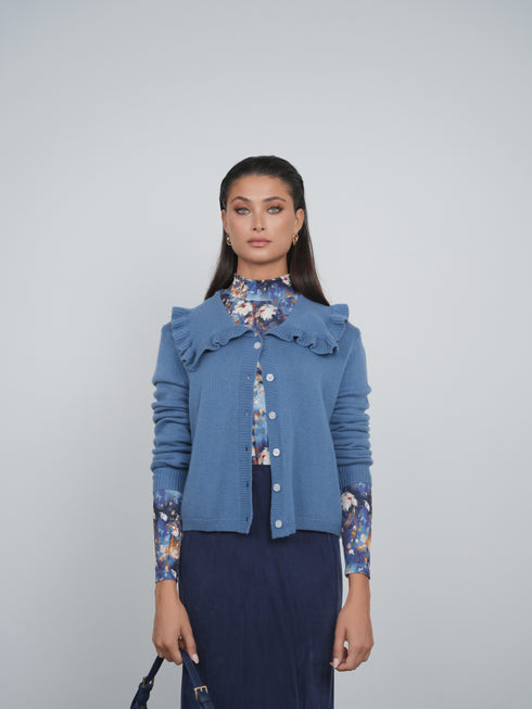 Point Fine Knit Ruffle Cardi in Retro Blue