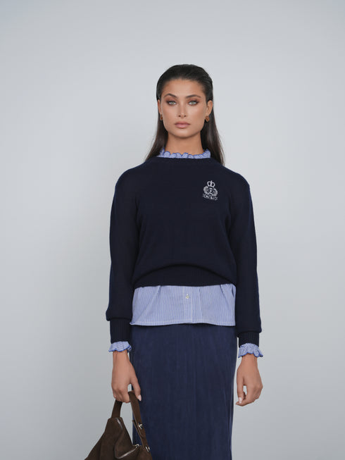 Point Fine Knit Crew Melange Sweater in Navy