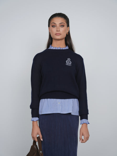 Point Fine Knit Crew Melange Sweater in Navy