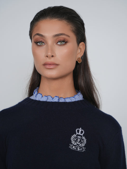 Point Fine Knit Crew Melange Sweater in Navy