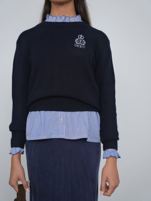 Point Fine Knit Crew Melange Sweater in Navy