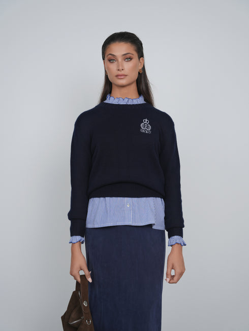 Point Fine Knit Crew Melange Sweater in Navy