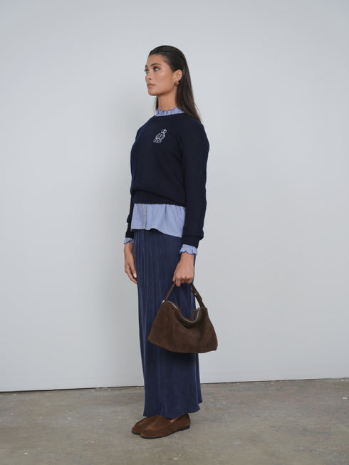 Point Ruffle Blouse in Navy Stripe