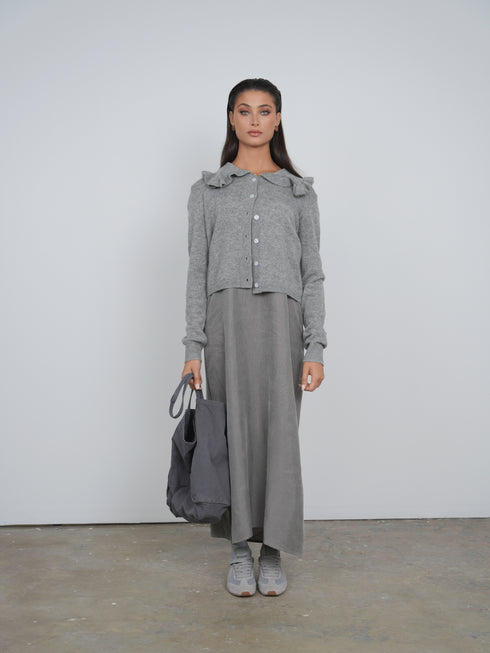 Point Fine Knit Ruffle Cardi in Heather Grey