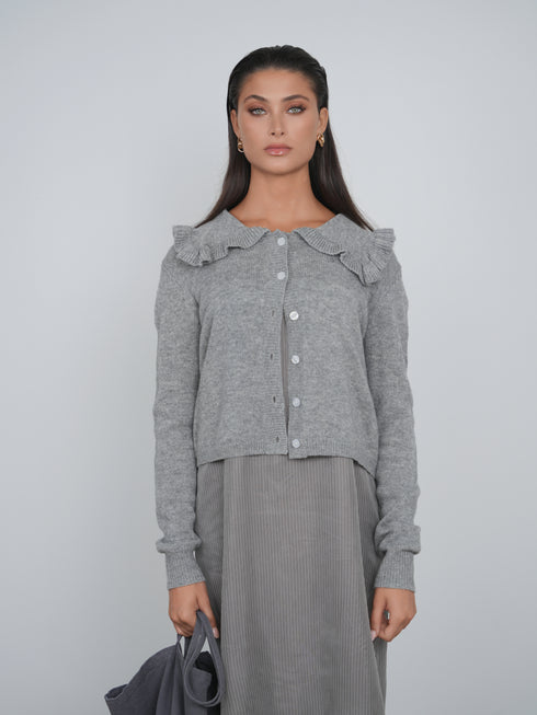 Point Fine Knit Ruffle Cardi in Heather Grey