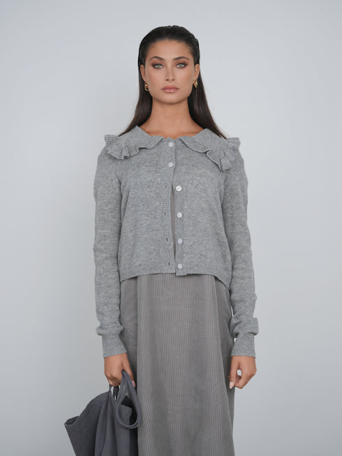 Point Fine Knit Ruffle Cardi in Heather Grey
