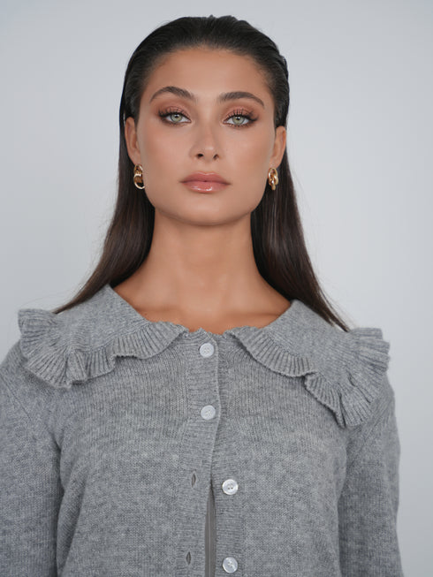 Point Fine Knit Ruffle Cardi in Heather Grey