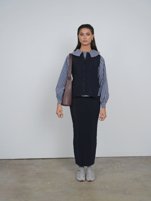 Point Double Breasted Button Up Blouse in Navy Stripe