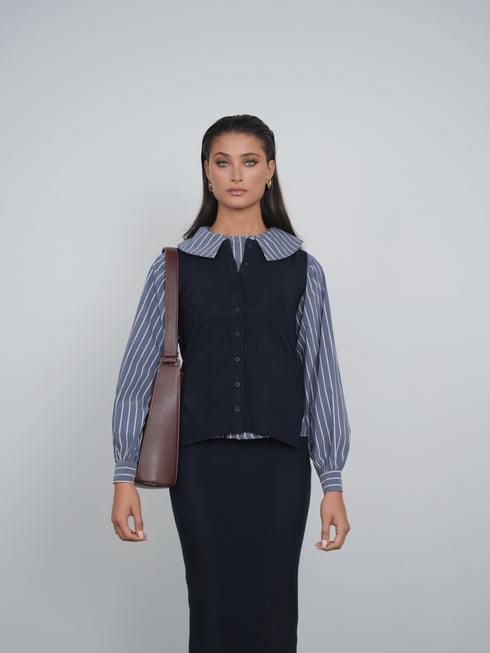 Point Double Breasted Button Up Blouse in Navy Stripe