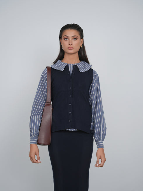Point Double Breasted Button Up Blouse in Navy Stripe
