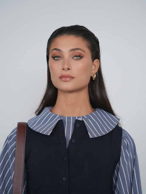 Point Double Breasted Button Up Blouse in Navy Stripe