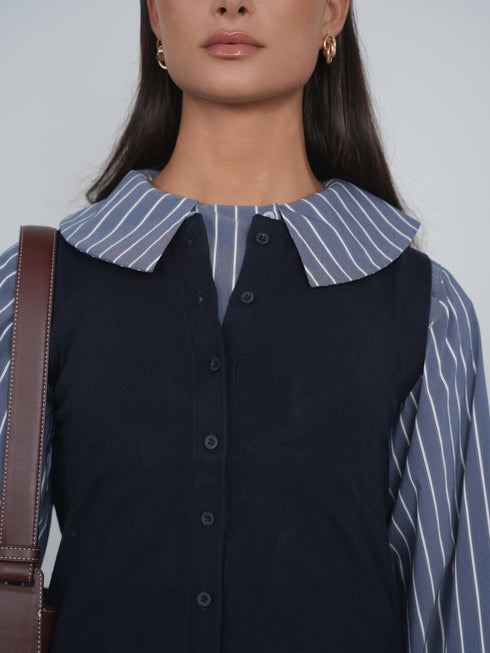 Point Double Breasted Button Up Blouse in Navy Stripe