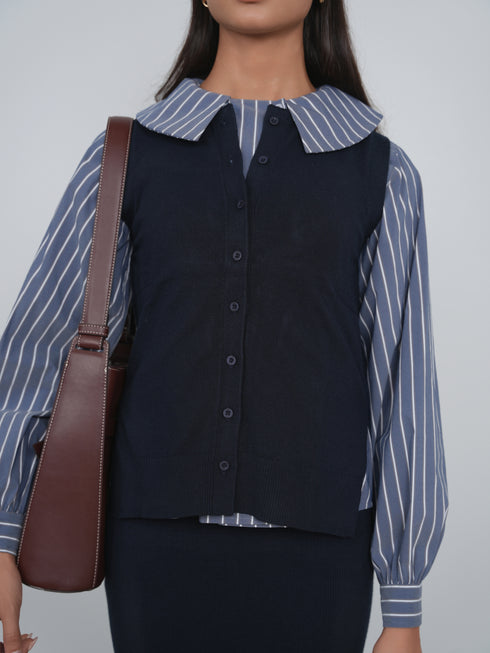Point Double Breasted Button Up Blouse in Navy Stripe