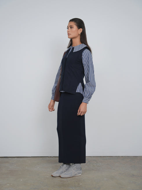 Point Double Breasted Button Up Blouse in Navy Stripe