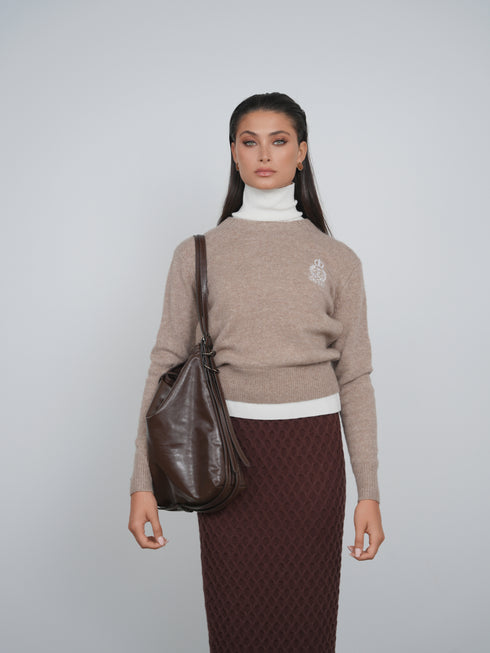Point Fine Knit Crew Melange Sweater in Heather Brown