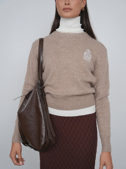 Point Fine Knit Crew Melange Sweater in Heather Brown