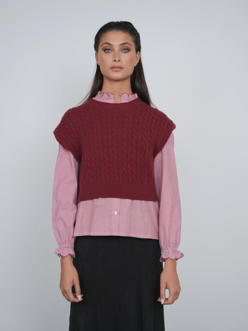 Point Ruffle Blouse in Syrah Stripe