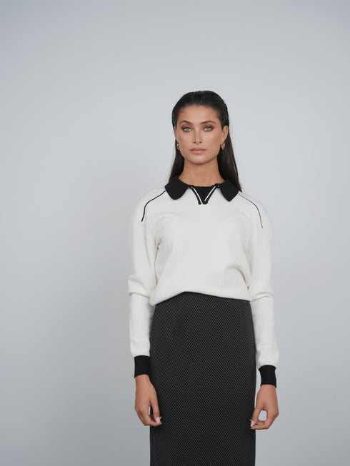Point Polo Sweater in Cream & Black