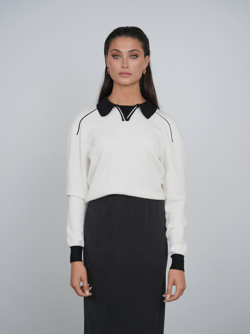 Point Polo Sweater in Cream & Black