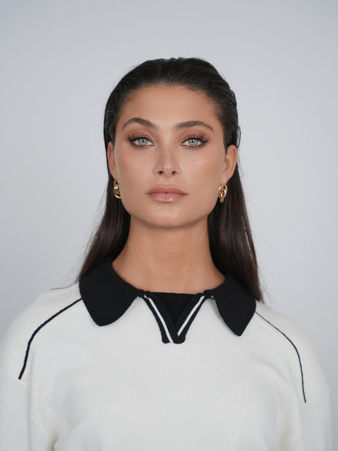 Point Polo Sweater in Cream & Black