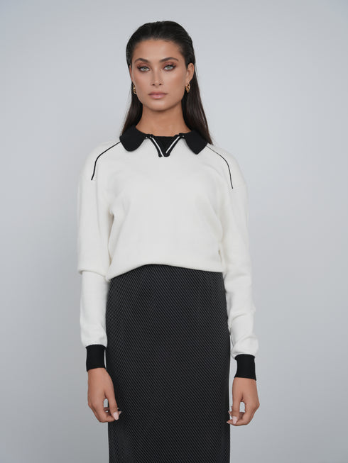 Point Polo Sweater in Cream & Black