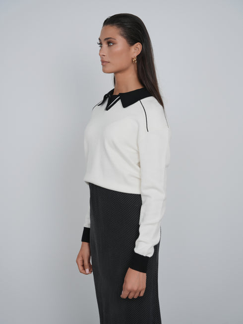 Point Polo Sweater in Cream & Black