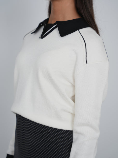Point Polo Sweater in Cream & Black