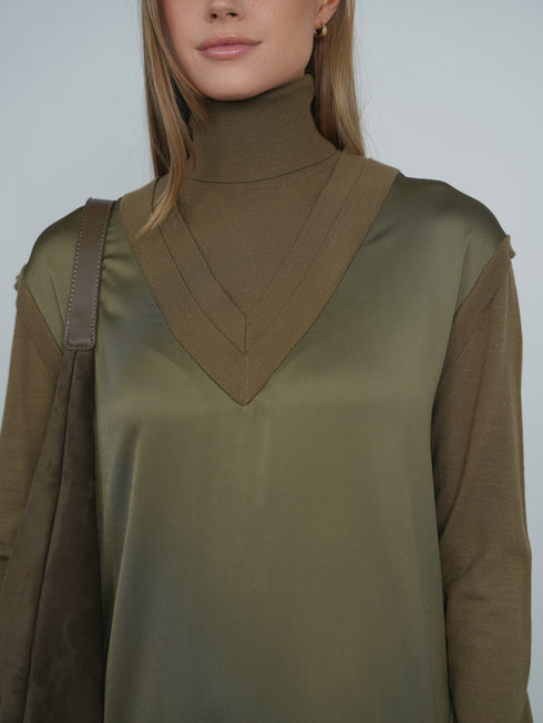 Point Mixed Satin Maxi Dress in Olive