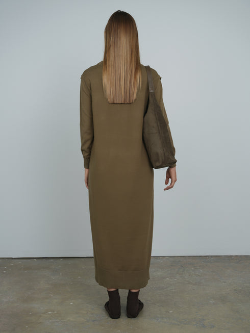 Point Mixed Satin Maxi Dress in Olive