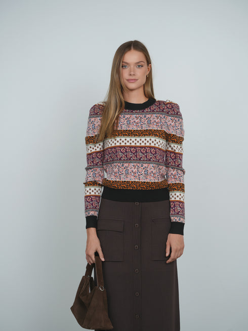 Point Puff Sleeve Jacquard Sweater in Motif Stripe