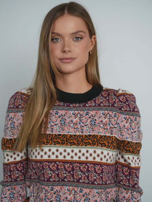 Point Puff Sleeve Jacquard Sweater in Motif Stripe