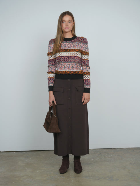 Point Puff Sleeve Jacquard Sweater in Motif Stripe