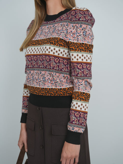 Point Puff Sleeve Jacquard Sweater in Motif Stripe
