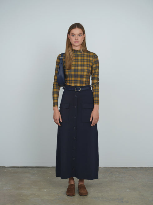 Point Printed Mock Neck Top in Varsity Plaid