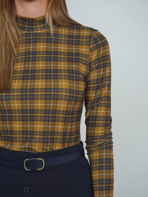 Point Printed Mock Neck Top in Varsity Plaid
