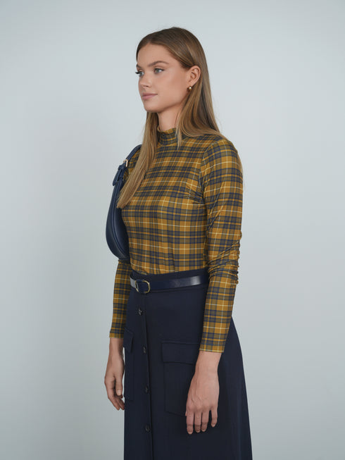 Point Printed Mock Neck Top in Varsity Plaid