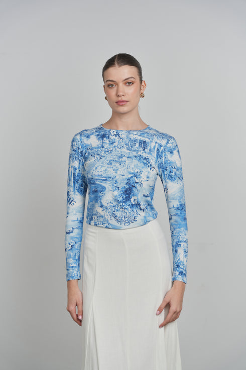 Point Printed Jersey Crew in Blue Portofino Print