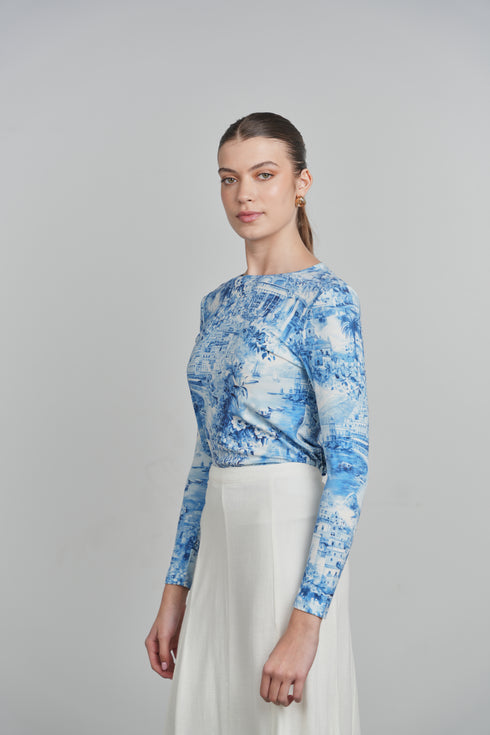 Point Printed Jersey Crew in Blue Portofino Print