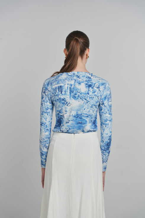 Point Printed Jersey Crew in Blue Portofino Print